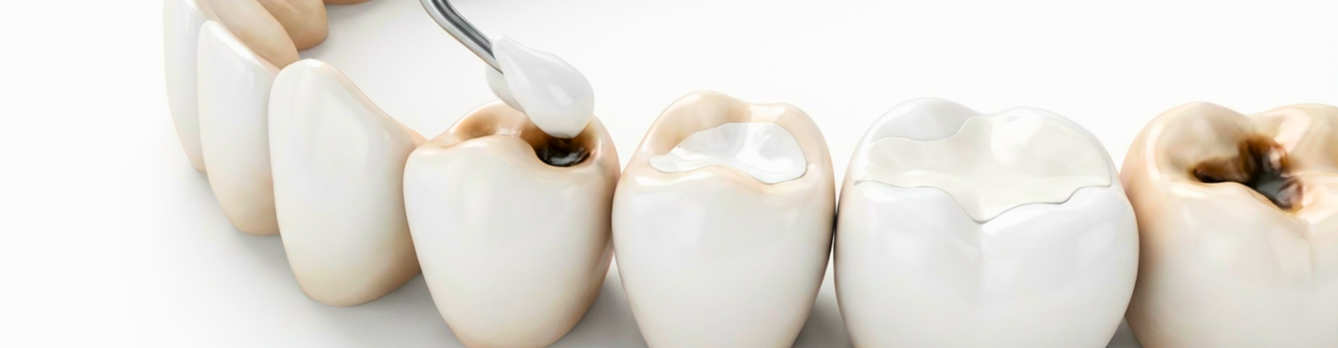 Rendering of cavities in an arch of teeth.